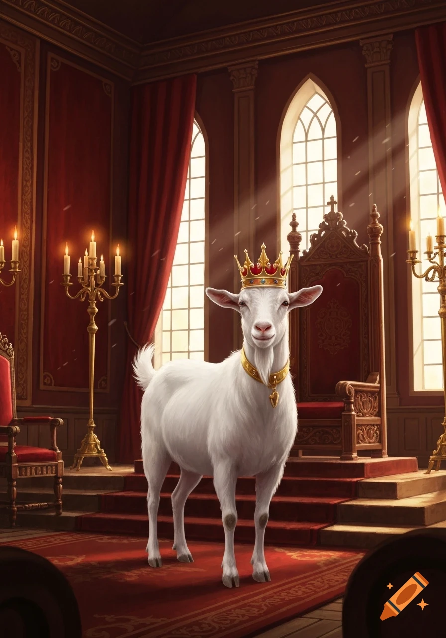 A majestic white goat wearing a golden crown and necklace stands in a luxurious red royal hall with a throne and candelabras.