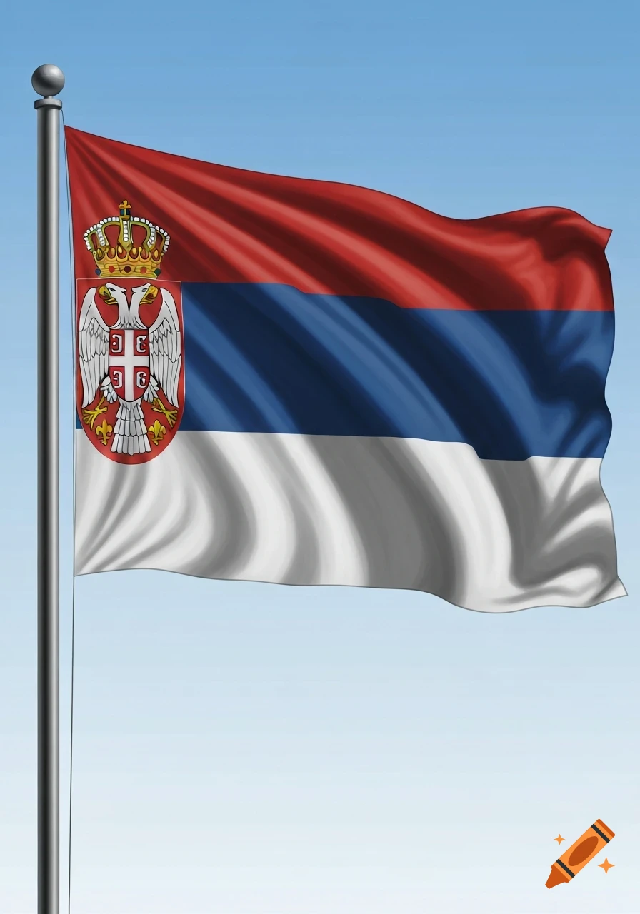 A vibrantly colored Serbian flag, featuring red, blue, and white stripes, with the national coat of arms on a pole against a clear blue sky.