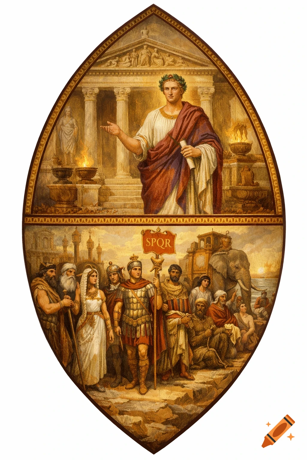 A classical painting in an oval frame, showing Emperor Augustus in a temple above a procession of Roman soldiers, an elephant, and diverse people.