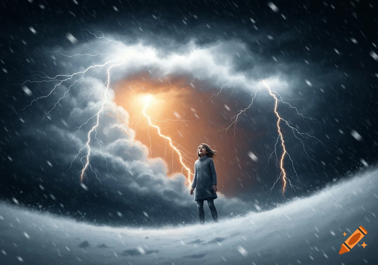 A girl in a coat stands in a snowstorm, looking up at lightning striking in orange and dark clouds.