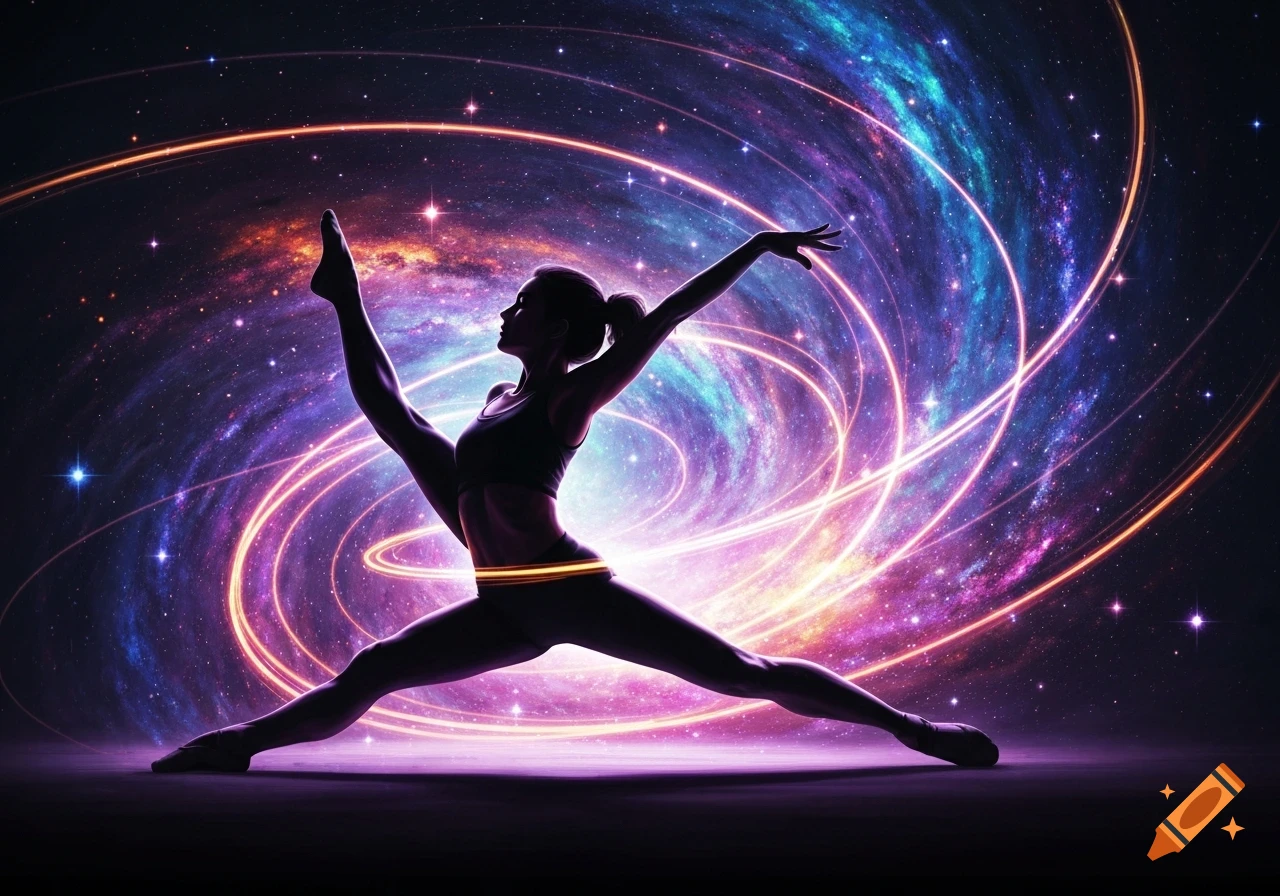 Silhouette of a person performing a split, arms extended, against a vibrant cosmic nebula with swirling pink and blue light trails.