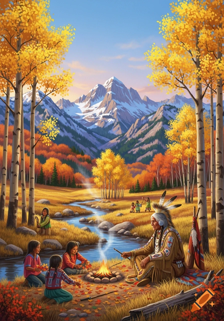 Illustrated scene of a Native American elder and children around a campfire in an autumn mountain landscape with aspen trees and a river.