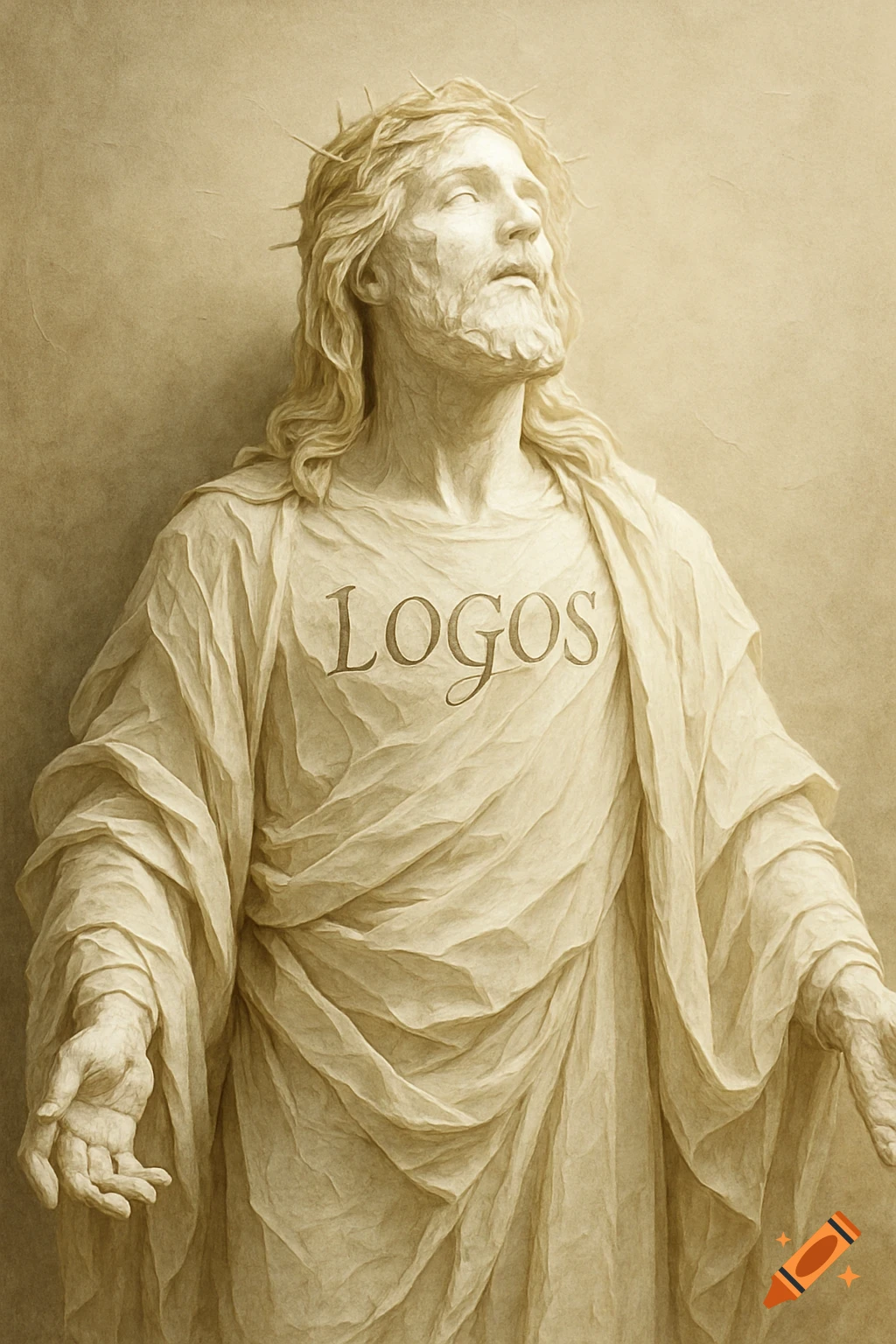 A paper sculpture of Jesus wearing a crown of thorns, looking up, with "LOGOS" written on his chest.