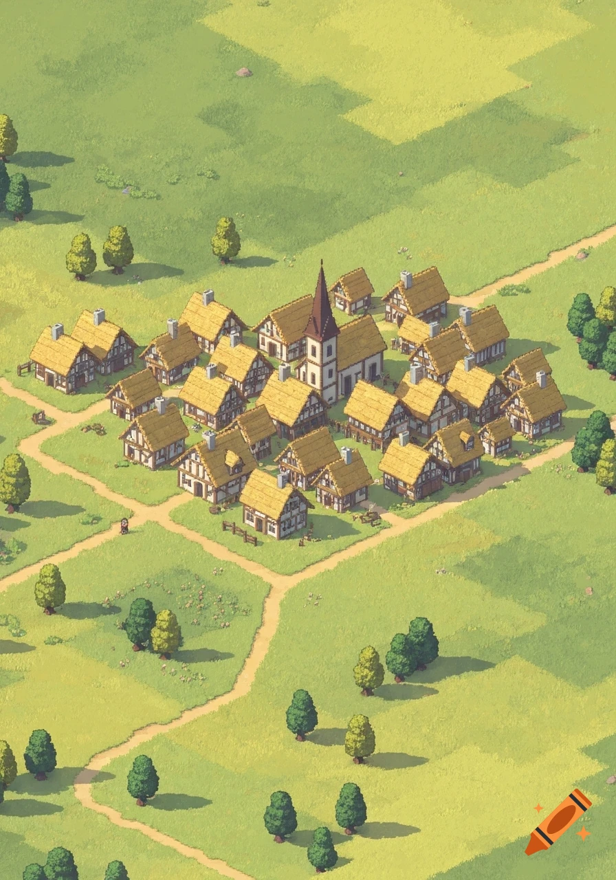Pastel pixel art of a tightly clustered medieval European village with a church, surrounded by green grassland and winding paths, seen from above.