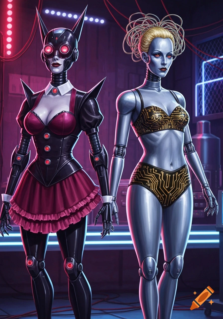 Two female robots, one in a black and red maid costume, the other in a circuit board pattern bra and panties, in a neon-lit lab.