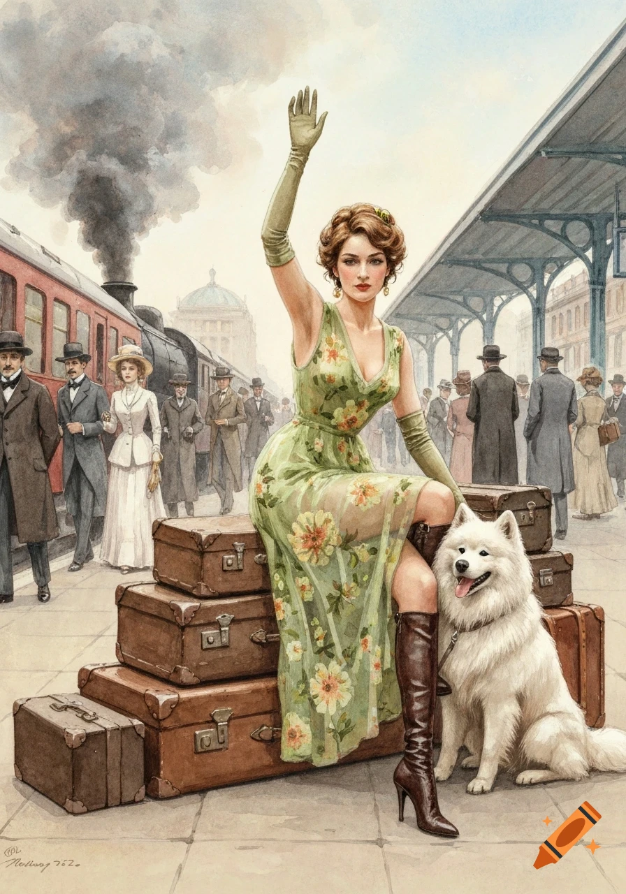 A woman in a green floral dress and boots sits on luggage at a train station, waving, with a Samoyed dog beside her, in watercolor style.