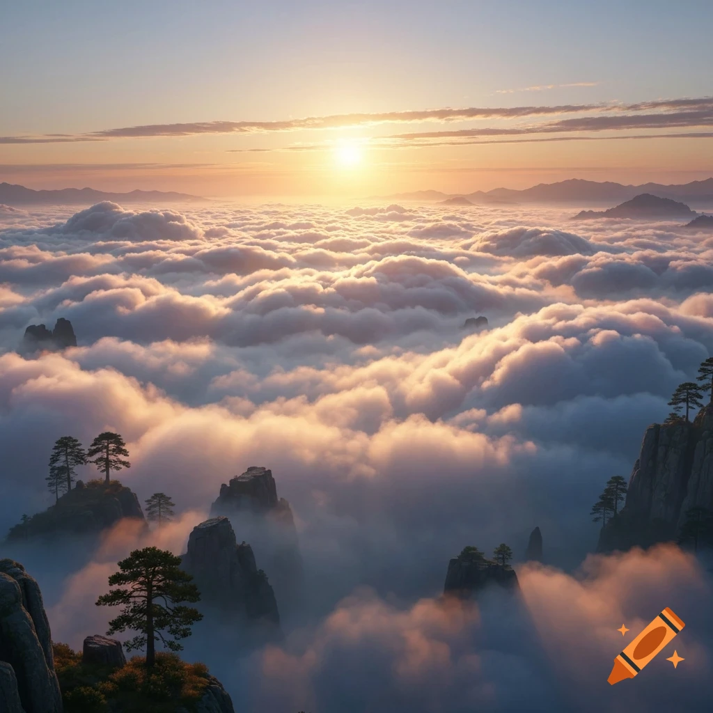 A vibrant sunrise shines over a vast sea of fluffy clouds, with dark mountain peaks and trees emerging.