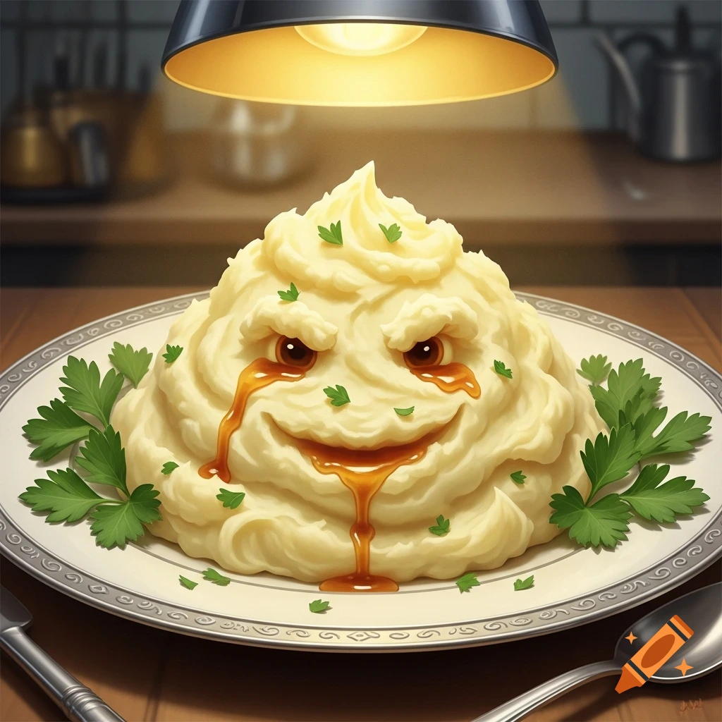 A pile of mashed potatoes with glowing orange eyes and gravy dripping from its eyes and mouth forming a creepy smile, on a plate under a lamp.