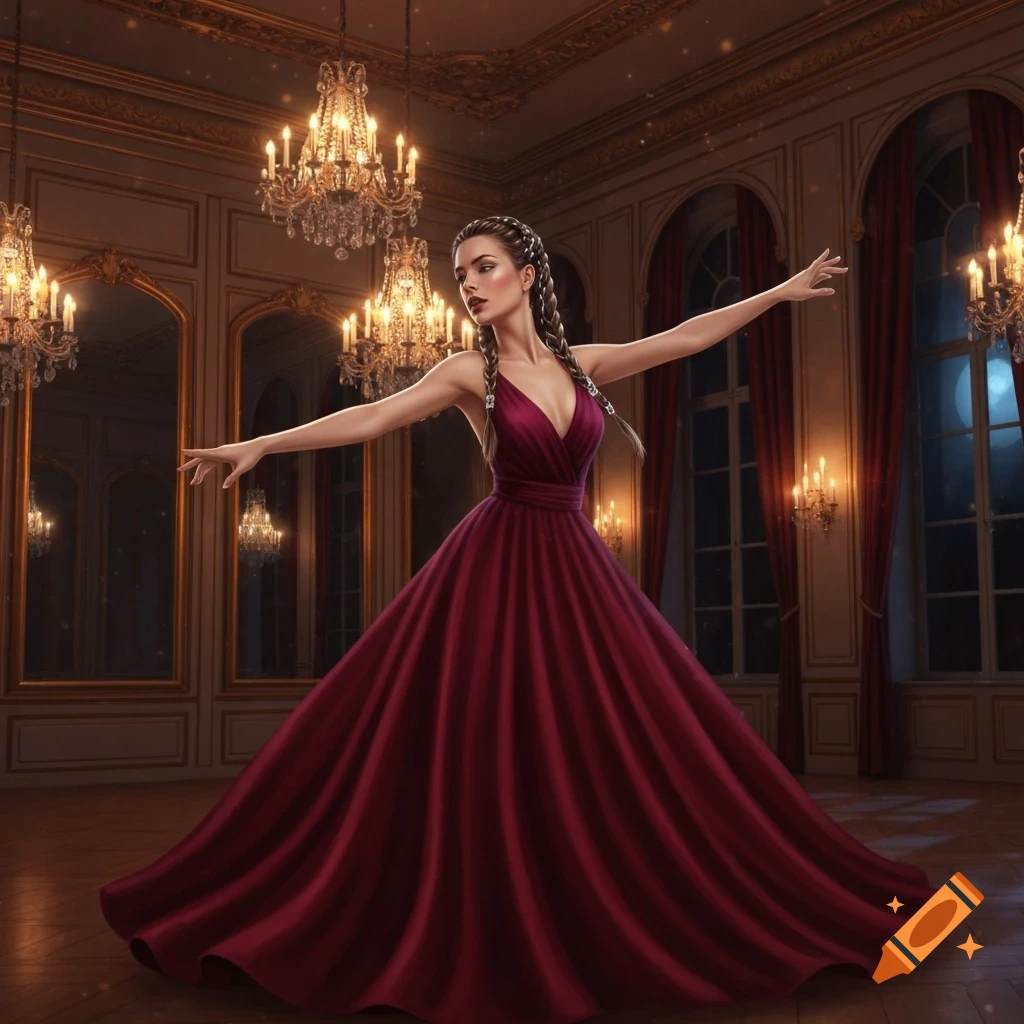 Woman in a flowing red gown dancing gracefully in an opulent ballroom with chandeliers.