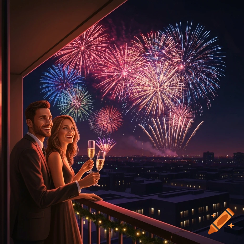 A photorealistic image of a couple on a balcony, holding champagne glasses and watching colorful fireworks over a city at night.