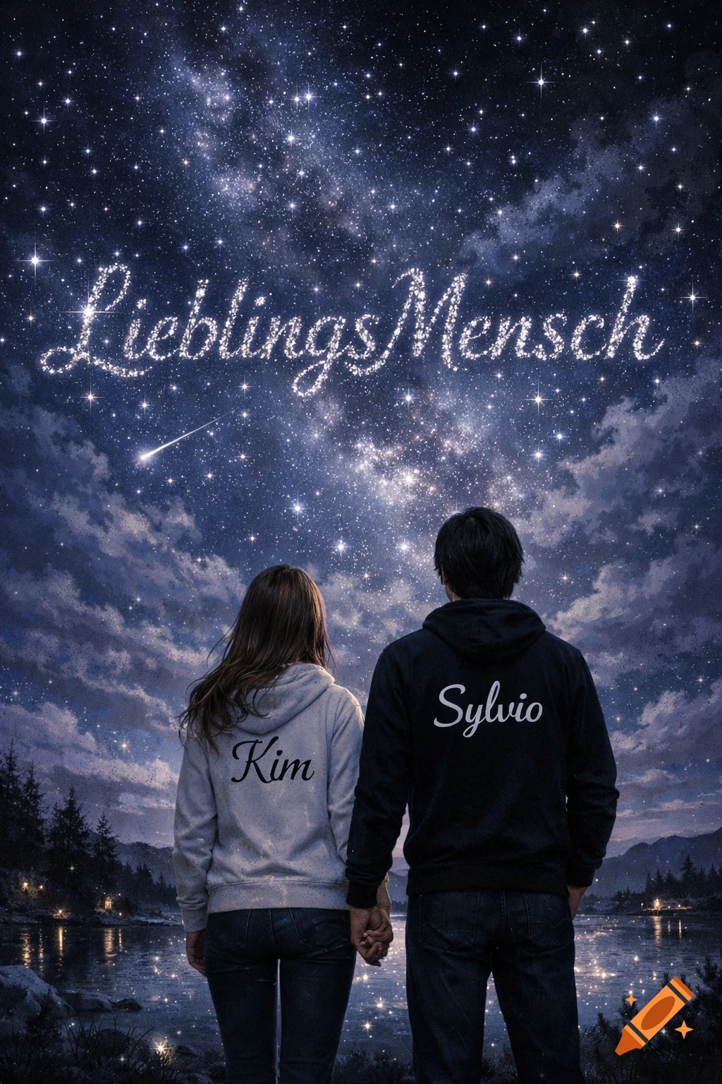 A couple holding hands, seen from behind, looking at a starry night sky with 'LieblingsMensch' formed by stars. 'Kim' is on her hoodie, 'Sylvio' on his.