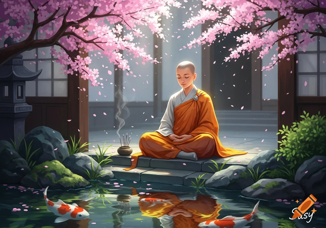 A monk meditates by a koi pond under a cherry blossom tree in a serene Japanese garden, illustrated.