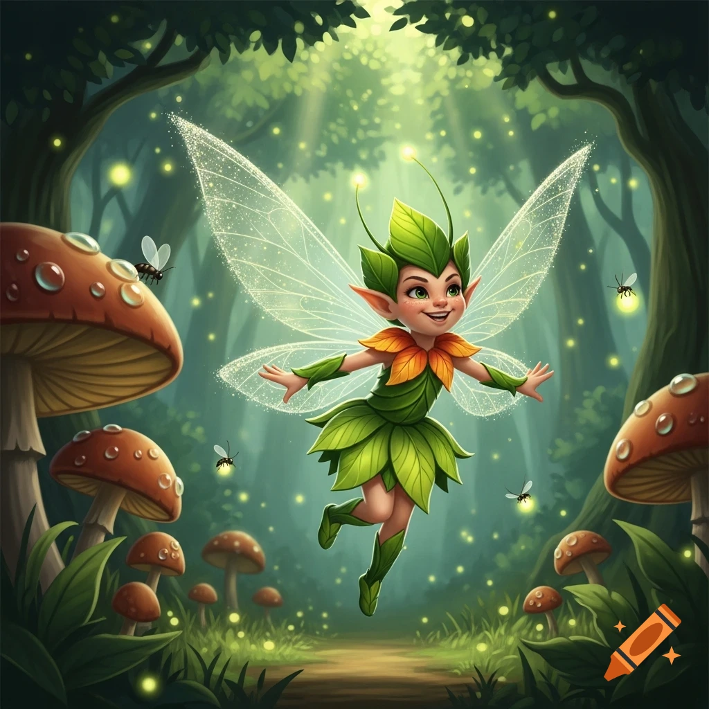 Smiling fairy in leaf clothes with sparkling wings flies in a magical forest with glowing mushrooms and fireflies.