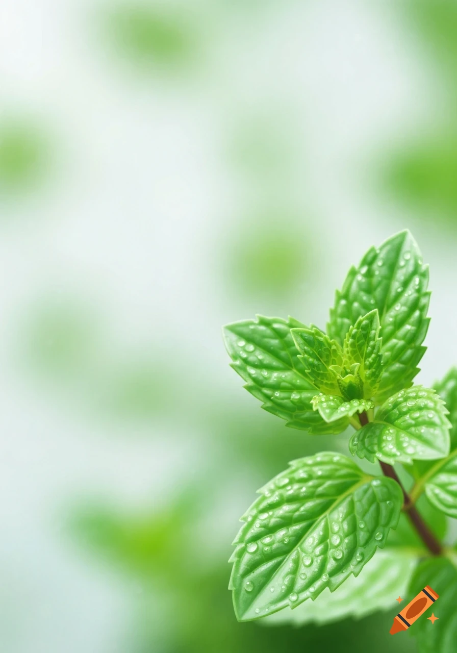 Close-up of fresh green mint leaves with water droplets, against a soft blurred green and white background.