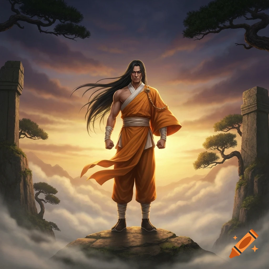 A male Shaolin monk with long black hair in orange robes stands on a rocky mountain peak with misty clouds and a sunset sky in a fantasy style.