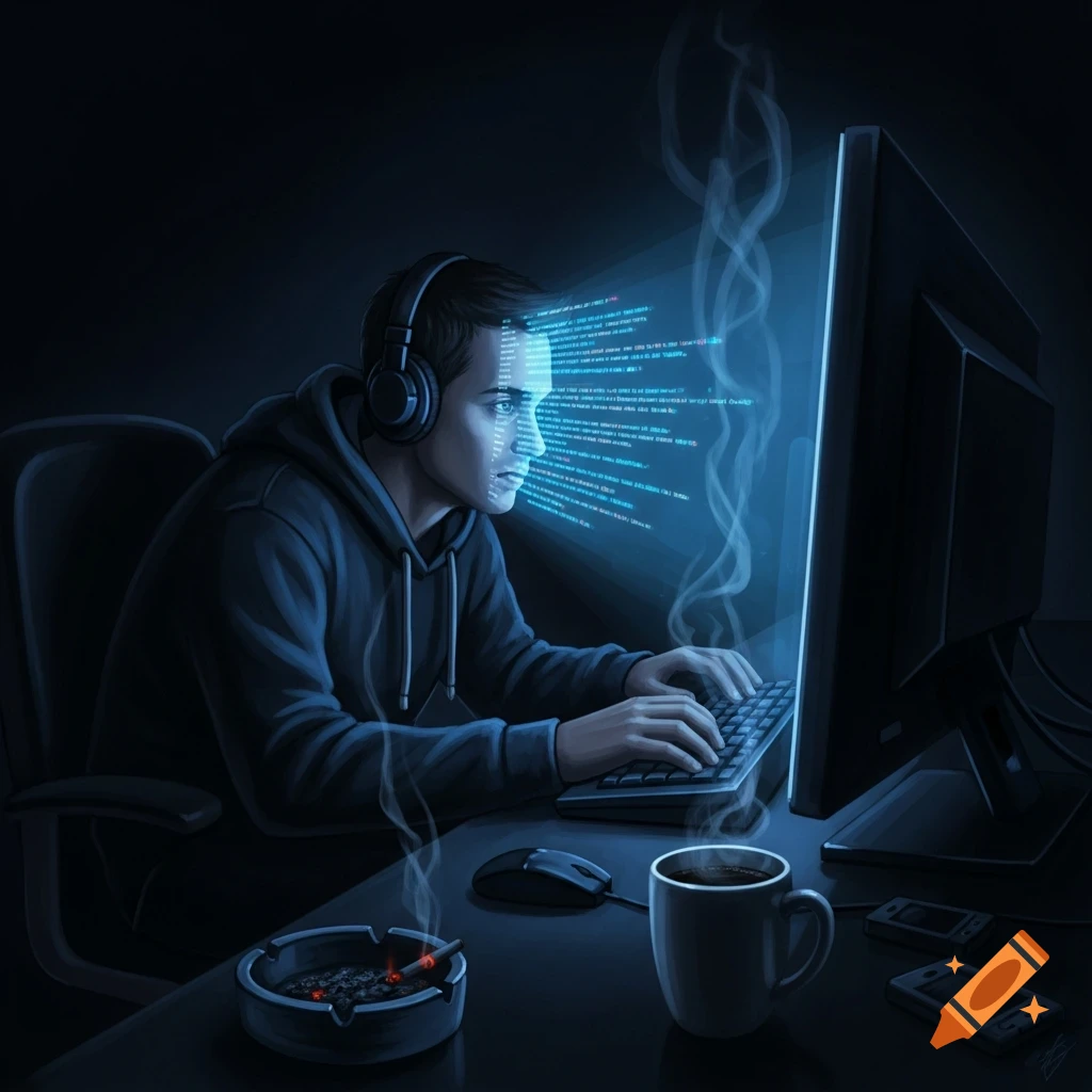 A hacker in headphones codes on a glowing computer in a dark room, with coffee and a smoking ashtray on the desk. Digital art.