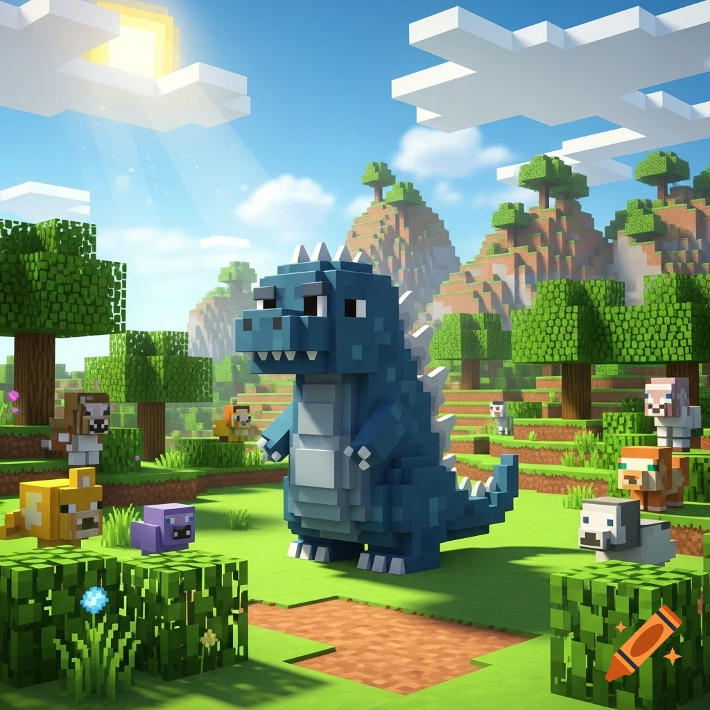 A blocky blue Godzilla in a vibrant Minecraft-style landscape with small animals and trees.