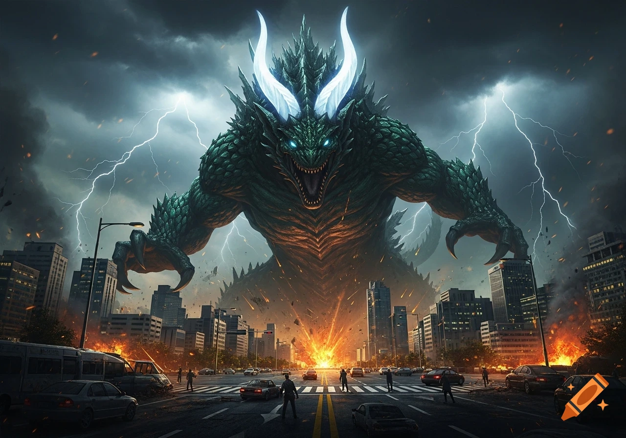 A colossal green scaly monster with glowing white horns and blue eyes looms over a destroyed city, illuminated by lightning in a stormy sky.