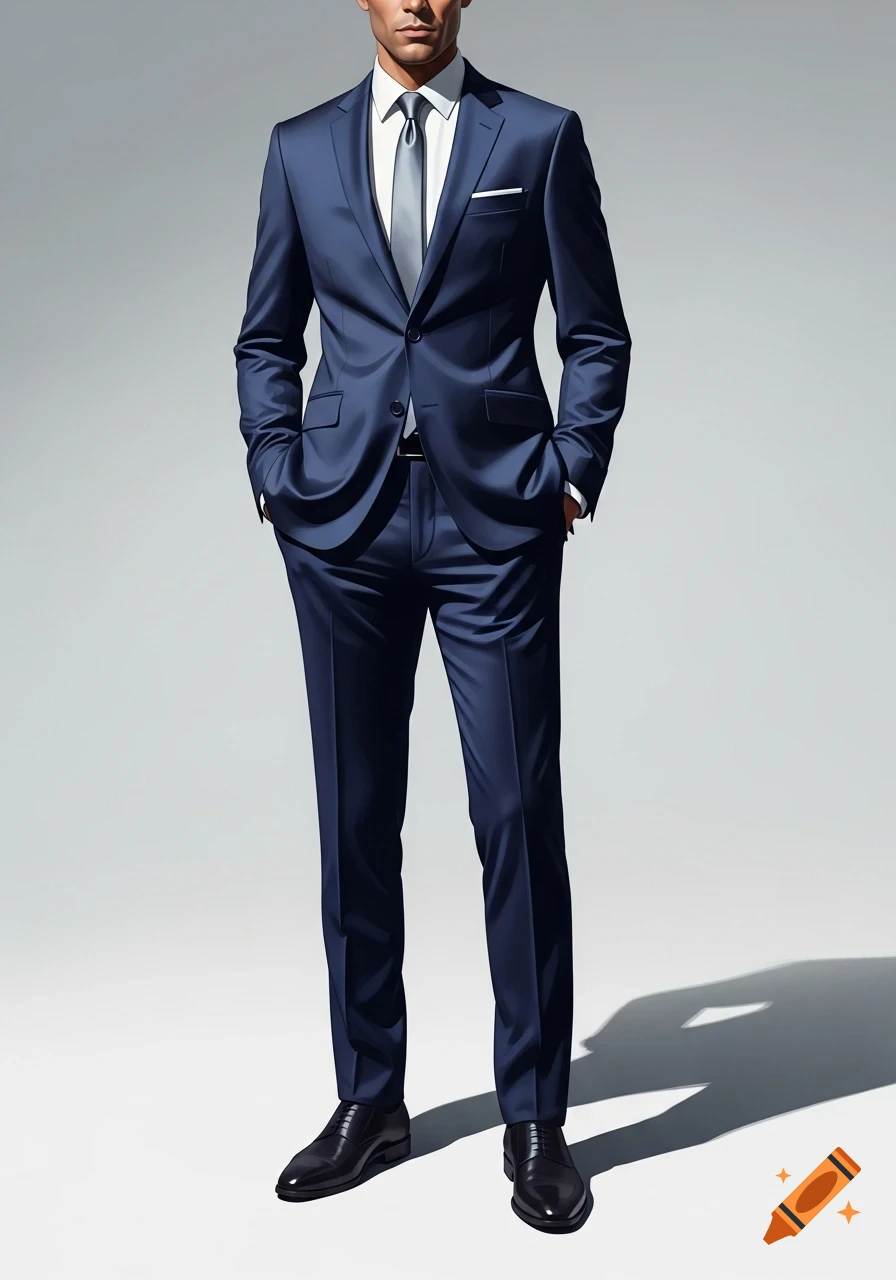 A man in a dark blue suit, white shirt, and light grey tie stands with hands in pockets against a plain grey background.