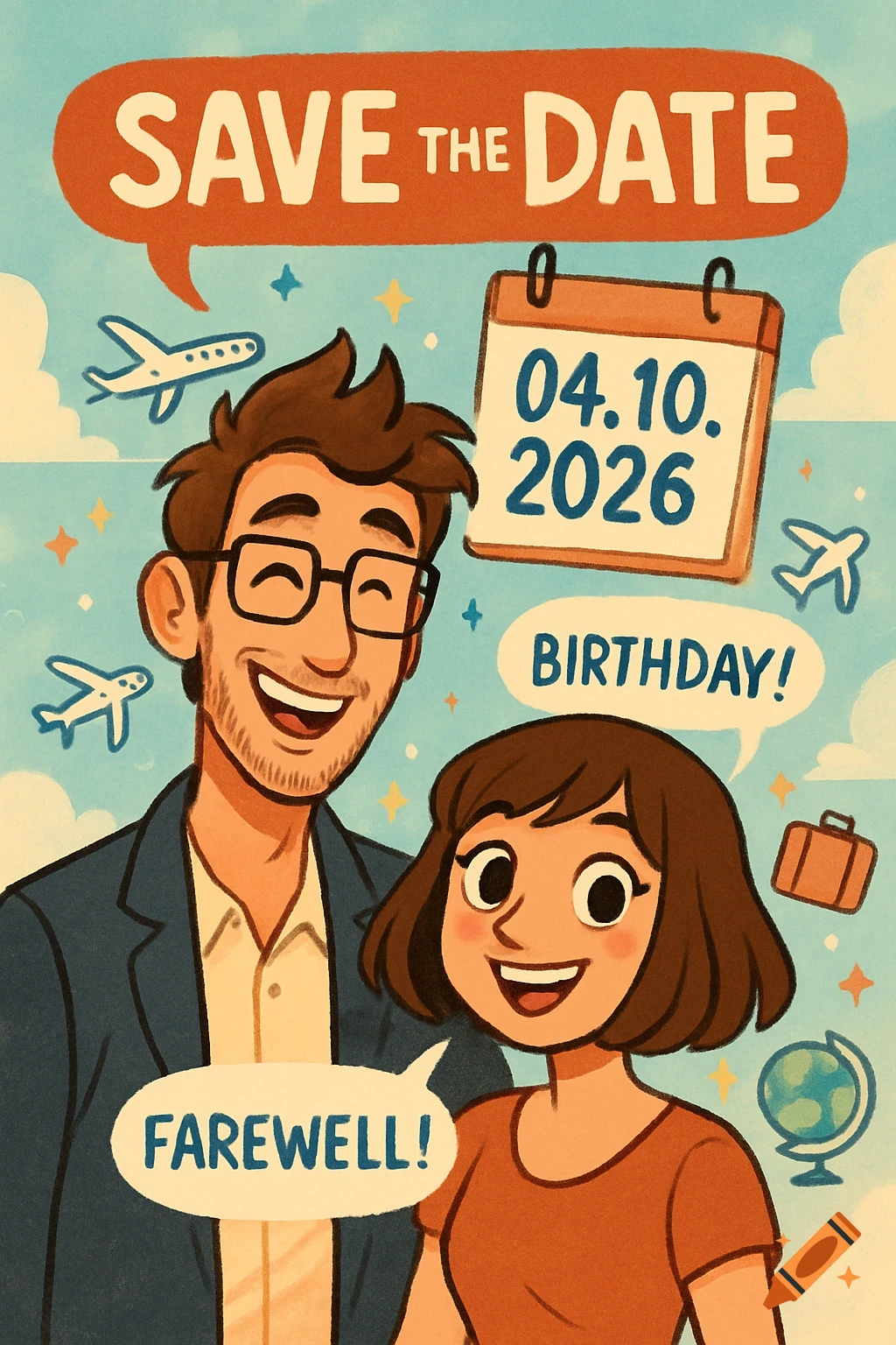 A cartoon illustration of a smiling couple on a "Save the Date" card, with text for "FAREWELL!" and "BIRTHDAY!". Travel motifs like airplanes, a suitcase, and a globe are visible, along with a calendar displaying "04.10. 2026".