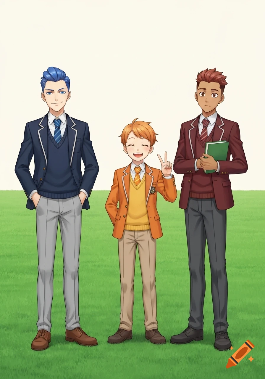Three anime boys in school uniforms stand on a green lawn; one with blue hair, one with orange, and one with reddish-brown.