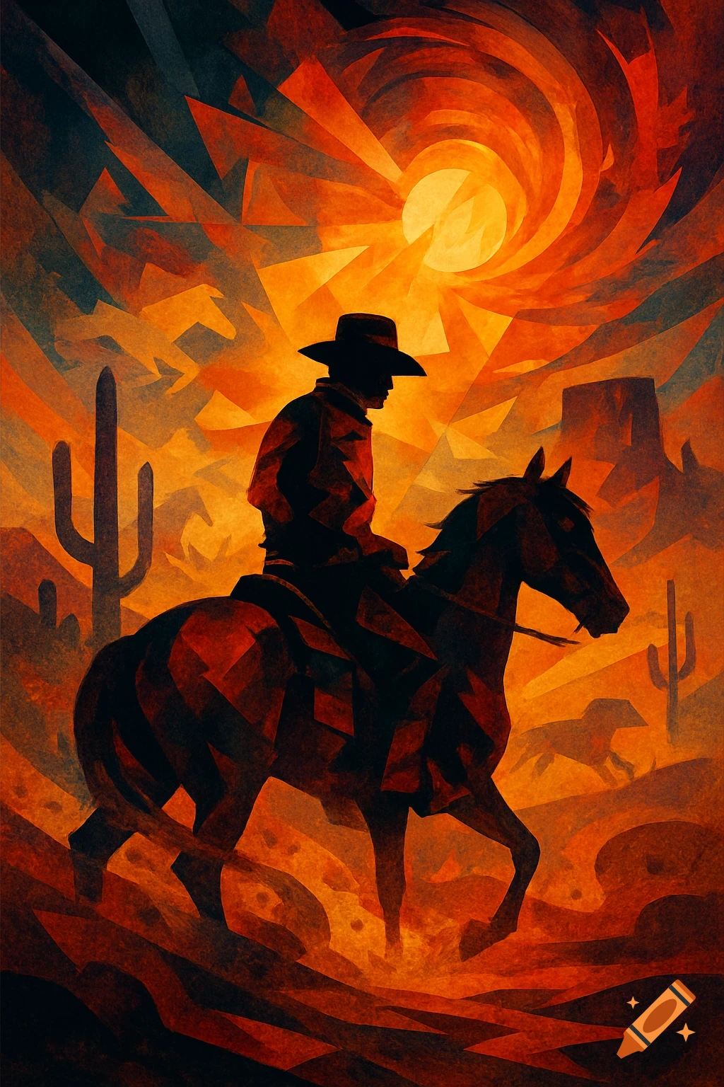 Abstract, geometric art depicts a cowboy silhouetted on horseback against an orange and red desert sunset with cacti.