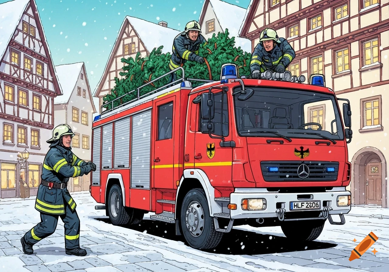 A comic-style illustration of firefighters with a red fire truck carrying Christmas trees in a snowy village.