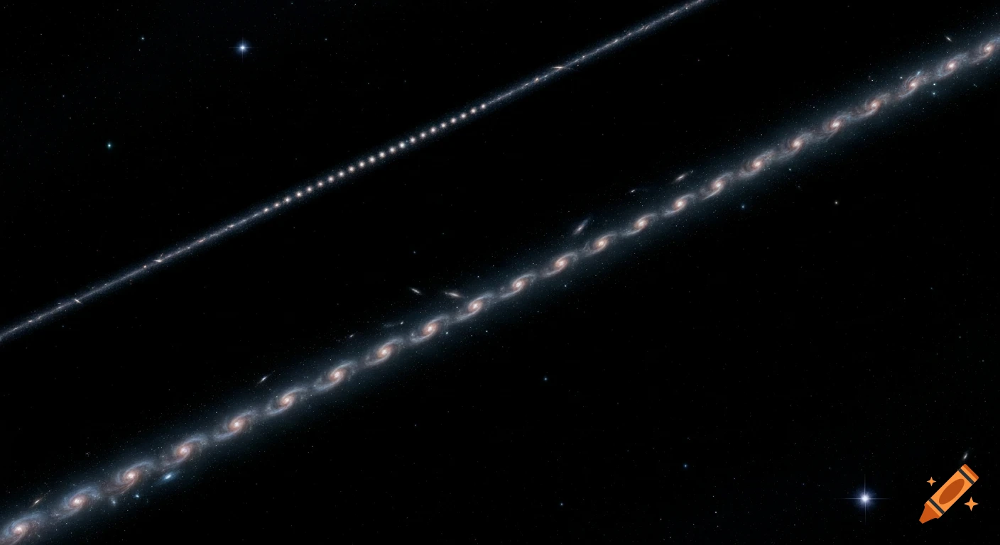 Two long, diagonal strings of countless galaxies, one spiraled and the other as bright points, against a dark starry background.