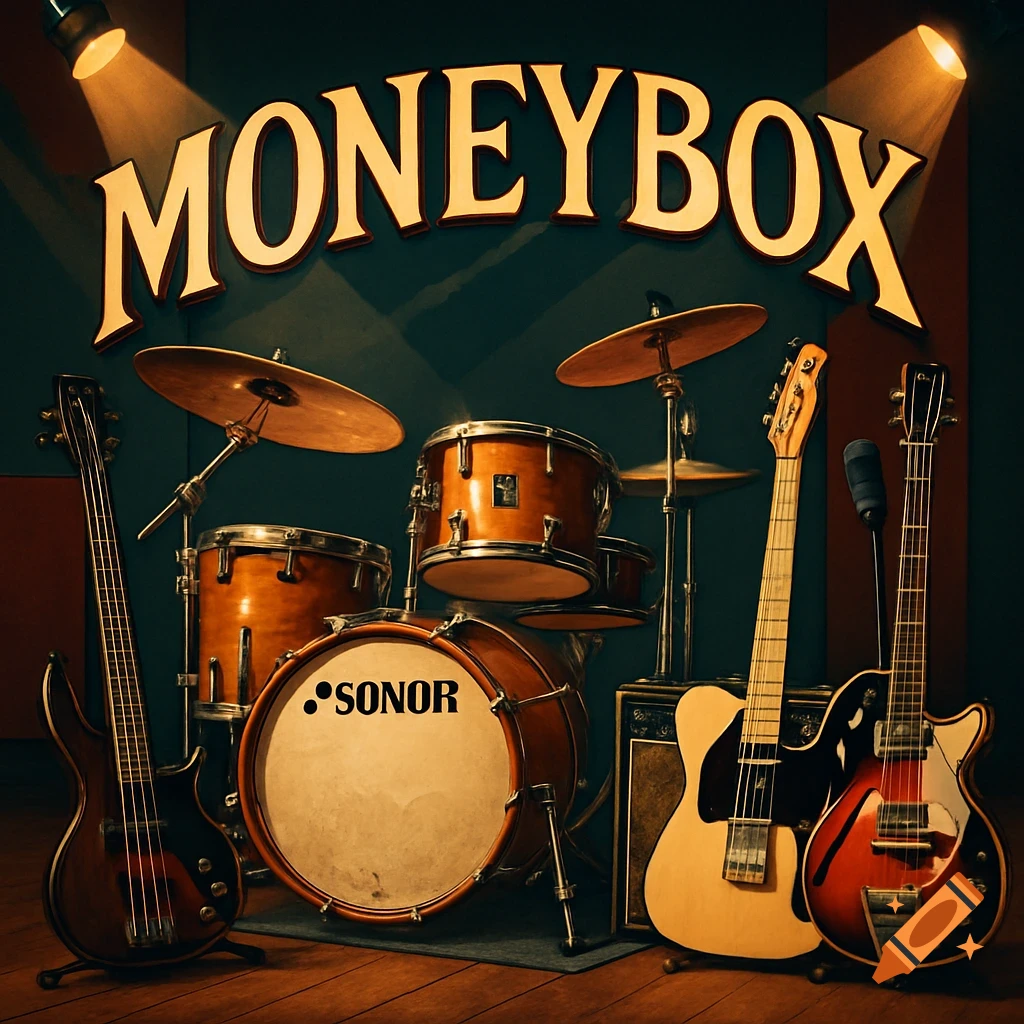 A drum set, bass guitar, and two electric guitars on a stage setup, with the word 'MONEYBOX' illuminated above.