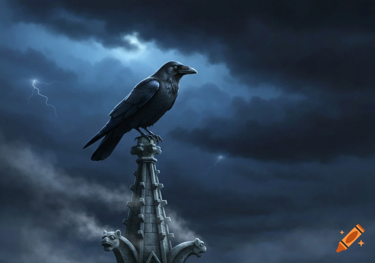 A black crow perches on a gothic spire under a dark, stormy sky with bolts of lightning, in a dark fantasy style.