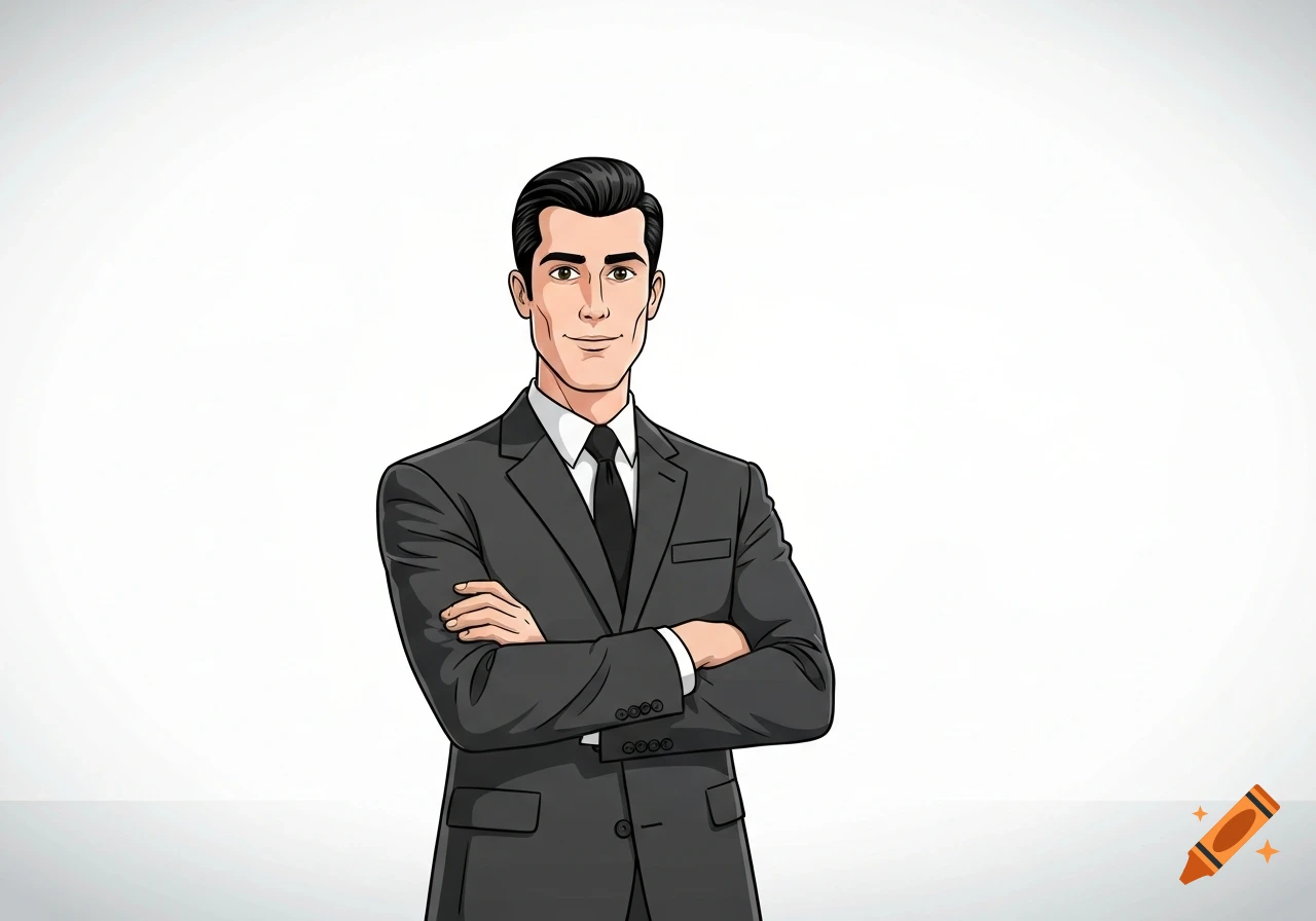 A 2D cartoon man in a grey suit, white shirt, and black tie, with slicked-back hair, stands with his arms crossed on a white background.