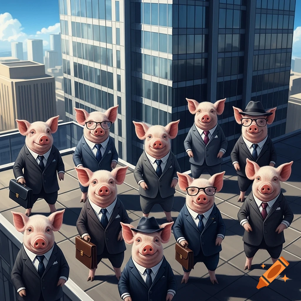 A group of anthropomorphic pigs in business suits and glasses stand smiling on a city skyscraper rooftop.