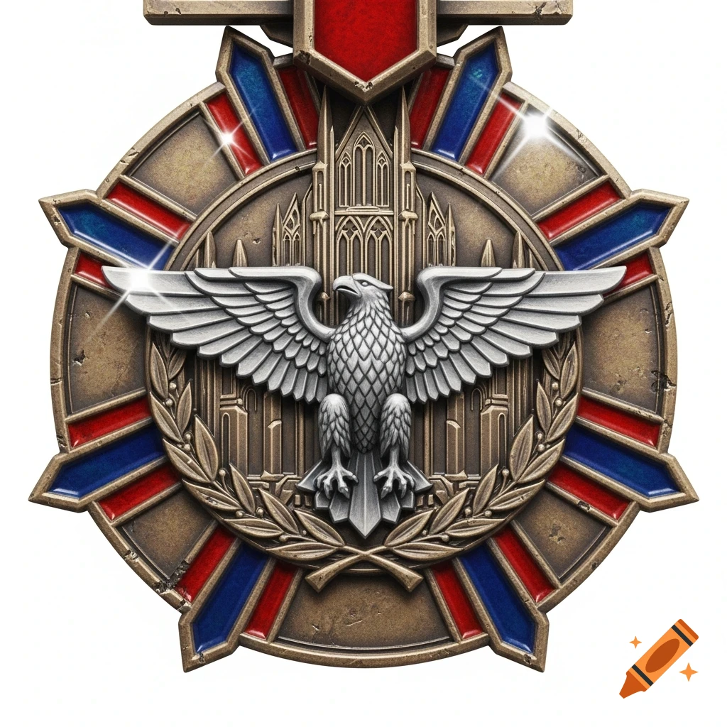 A detailed bronze medal featuring a silver eagle with spread wings in front of a gothic building, surrounded by a laurel wreath and red and blue enamel accents.