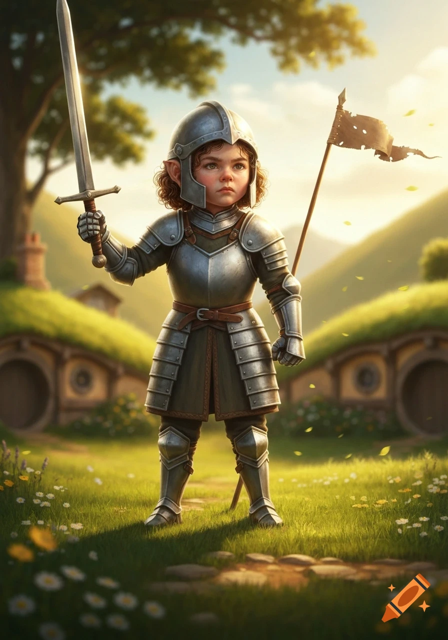 A young girl in knight armor and elf-like ears holds a sword and a tattered flag in a sunny fantasy field with hobbit homes.