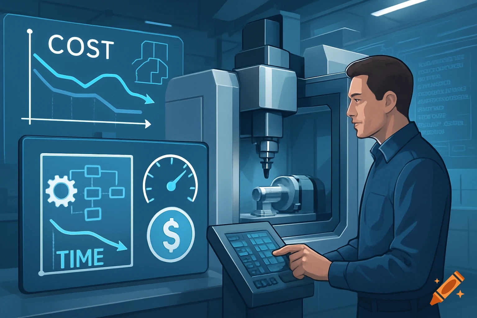 A man operates a CNC machine with blue digital screens displaying 'COST' and 'TIME' graphs, a gauge, and a dollar sign, in an illustrative style.