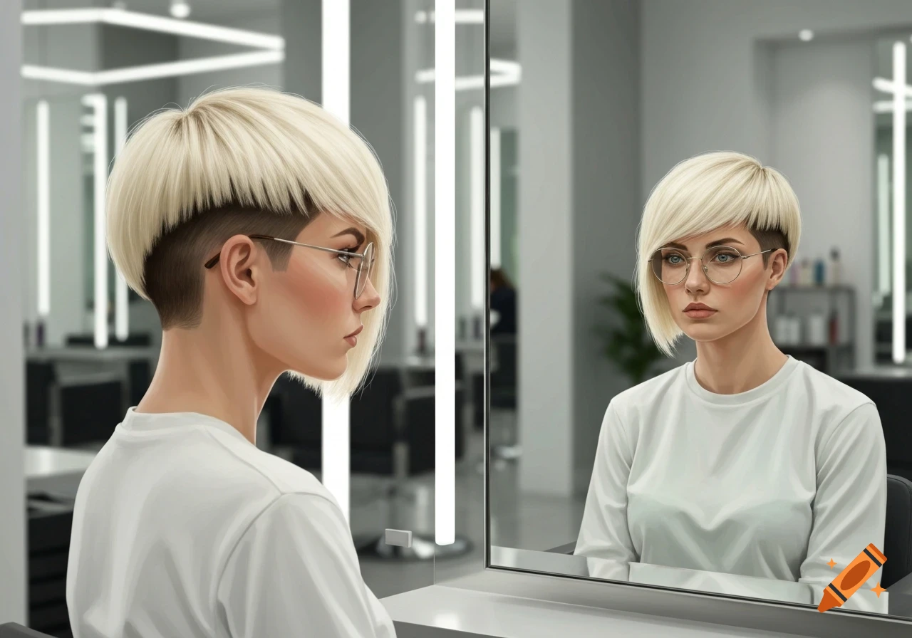 Photorealistic portrait of a woman with an edgy blonde bob and round glasses, seen from behind and reflected in a salon mirror.