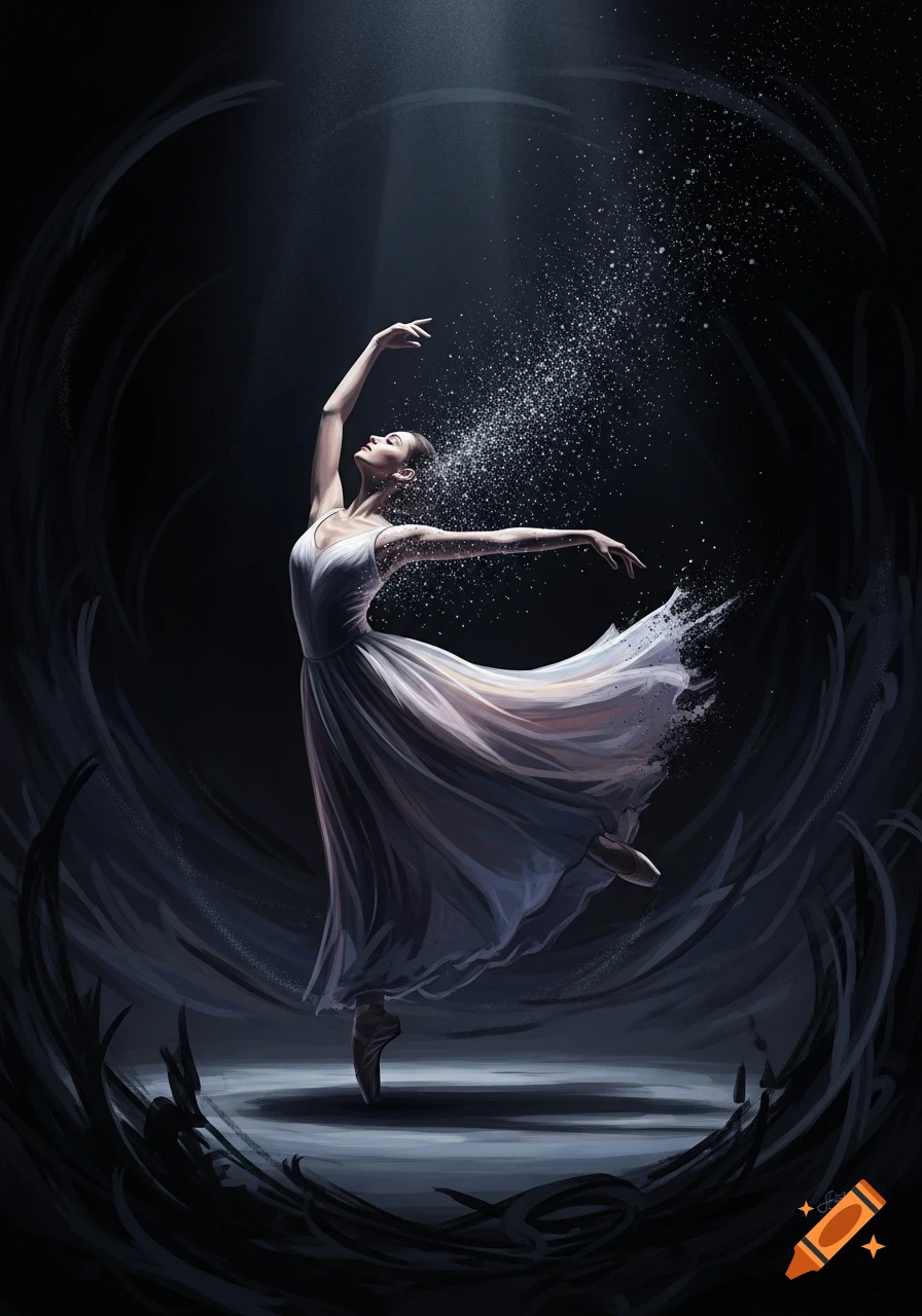 An abstract painting of a ballerina in a white dress, gracefully dancing under a spotlight as sparkling dust rises around her against a dark, swirling background.