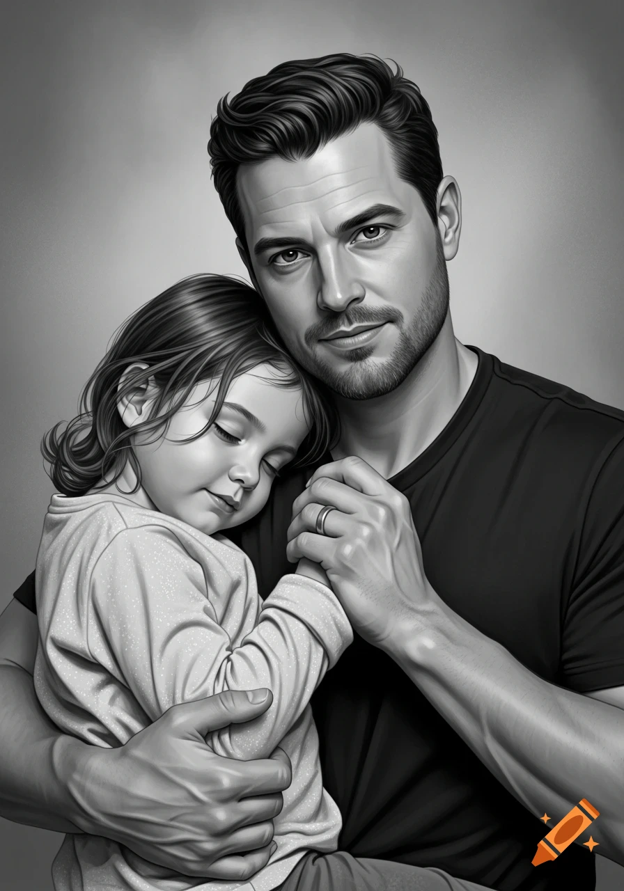 Black and white portrait of a man embracing a sleeping child, holding hands.
