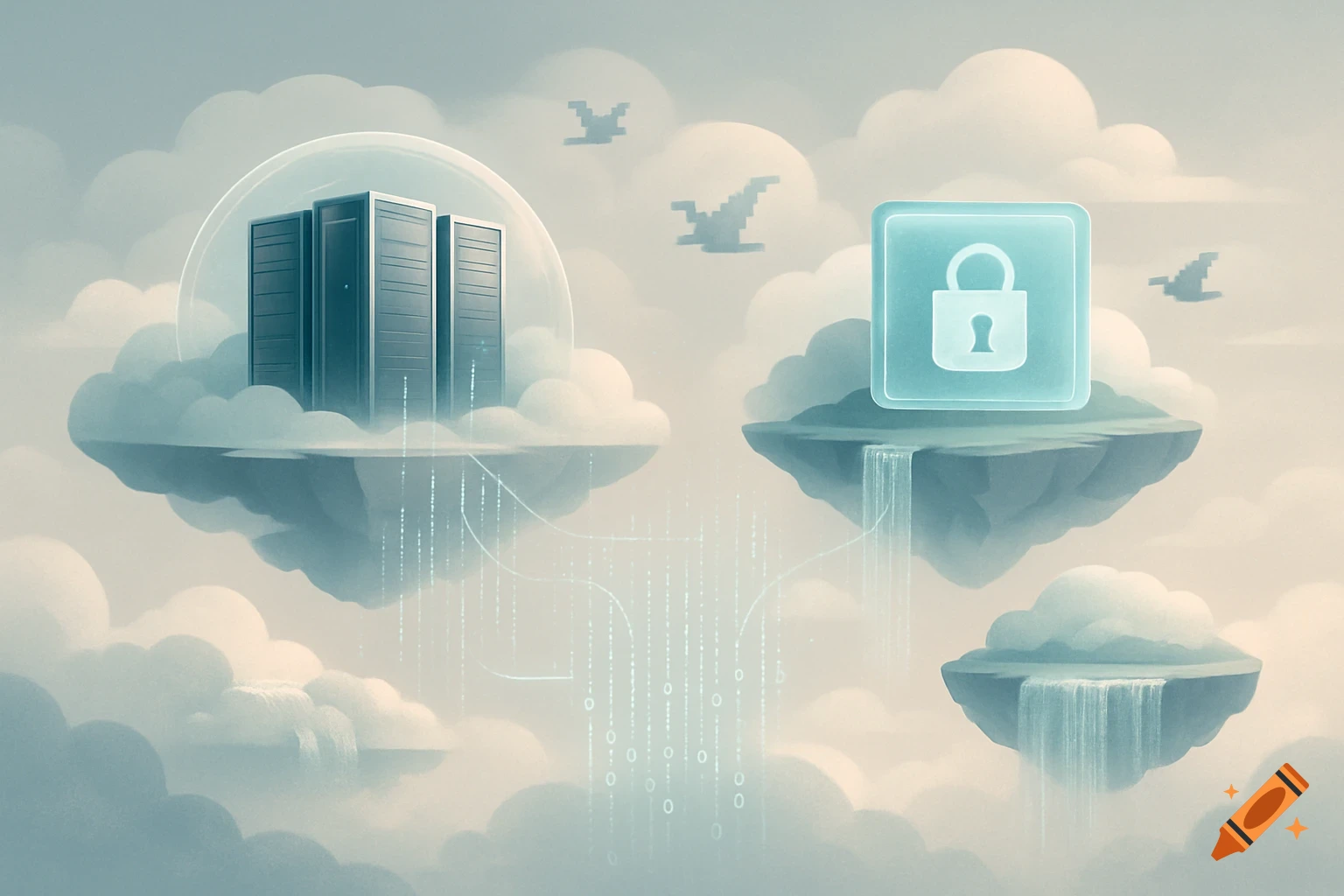 Stylized illustration of cloud data servers and a security padlock icon on floating cloud islands, connected by data streams, with pixelated birds.