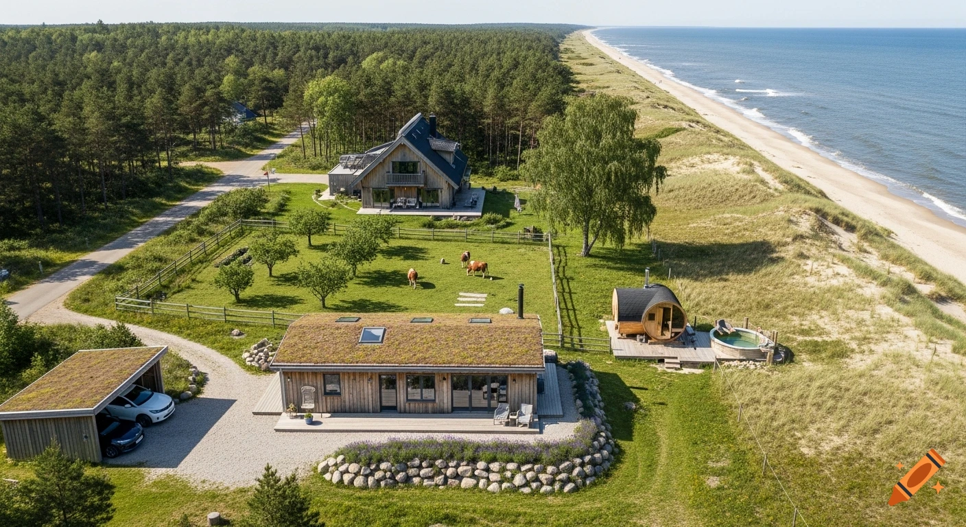 Aerial view of two modern wooden houses with green roofs, a sauna, a hot tub, and three cows on a grassy plot next to a forest and a beach.