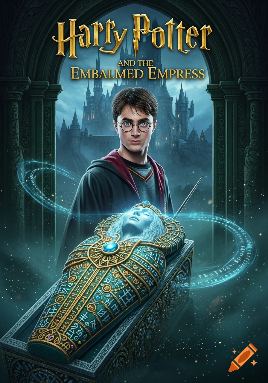 Fantasy book cover of Harry Potter holding a wand, standing before a glowing sarcophagus, with Hogwarts in the background. Title: 'Harry Potter and the Embalmed Empress'.