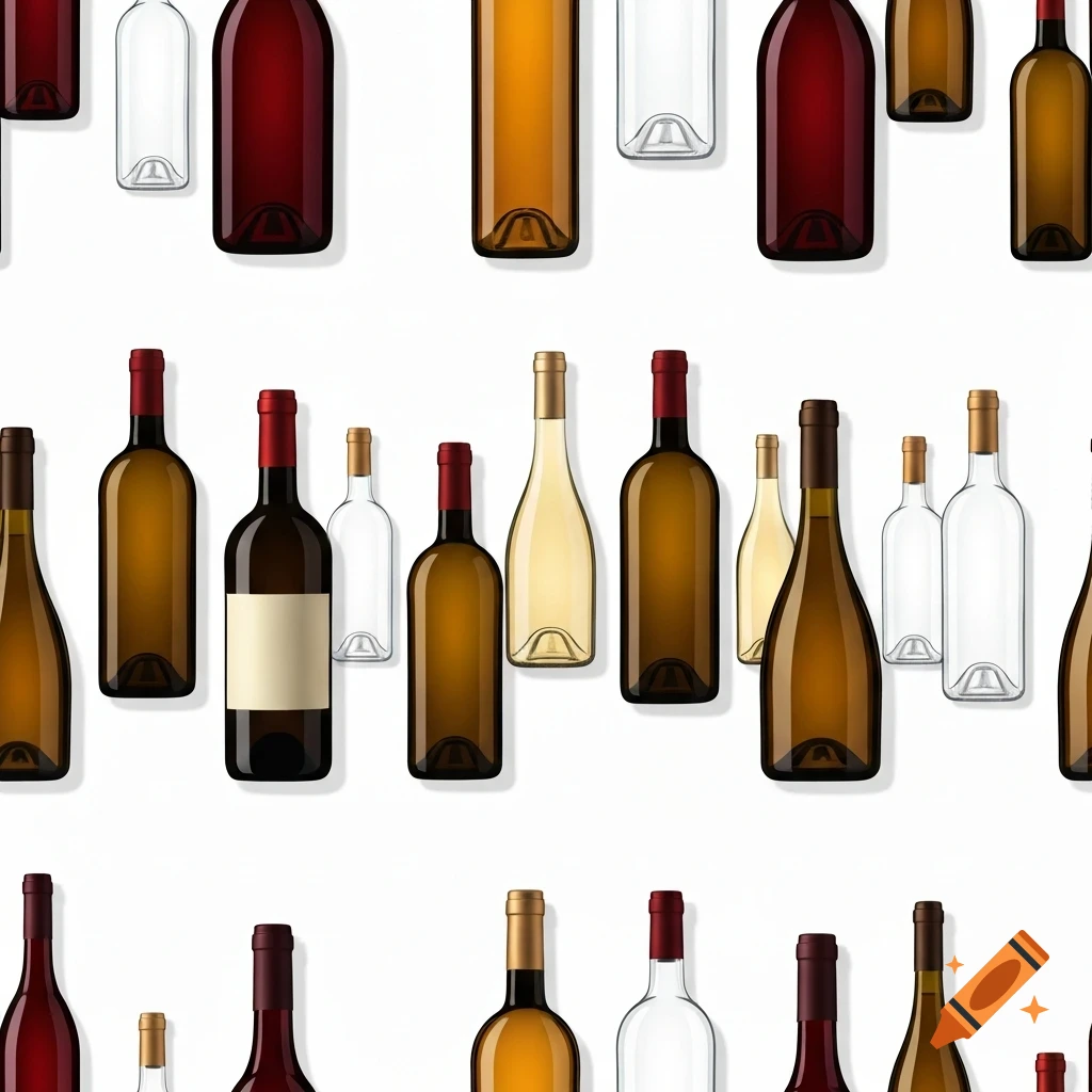 Seamless pattern of various wine bottles (red, white, and clear) on a white background.