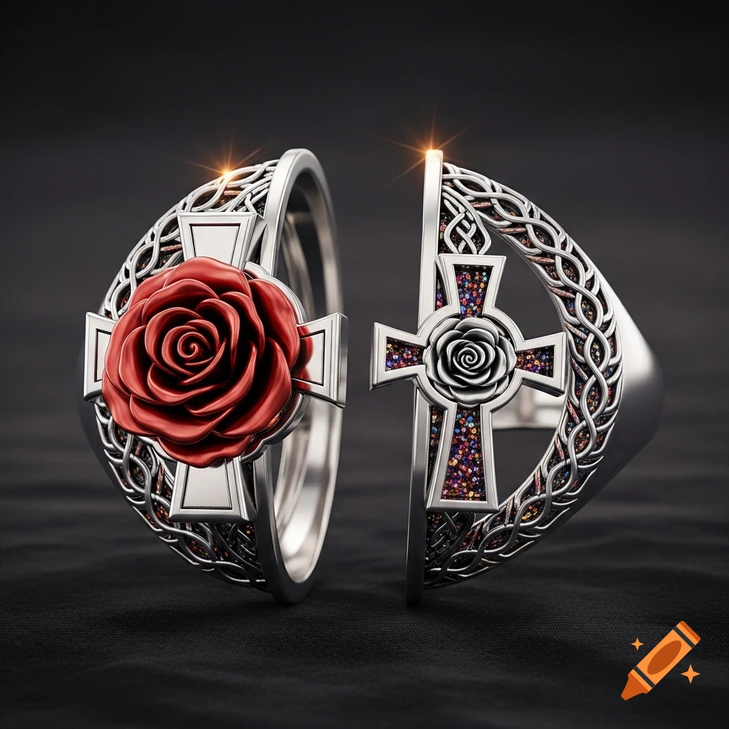 Two intricately designed silver rings, one with a red rose on a cross, the other with a silver rose on a cross adorned with colorful gems, against a dark background.