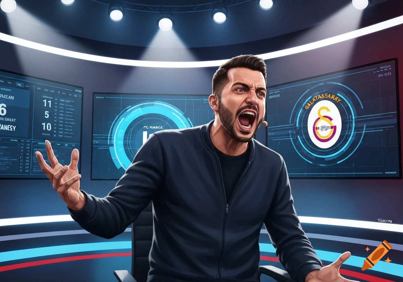 An animated man with a beard, wearing a dark jacket, shouts passionately in a futuristic sports broadcast studio with multiple screens displaying team names and stats.