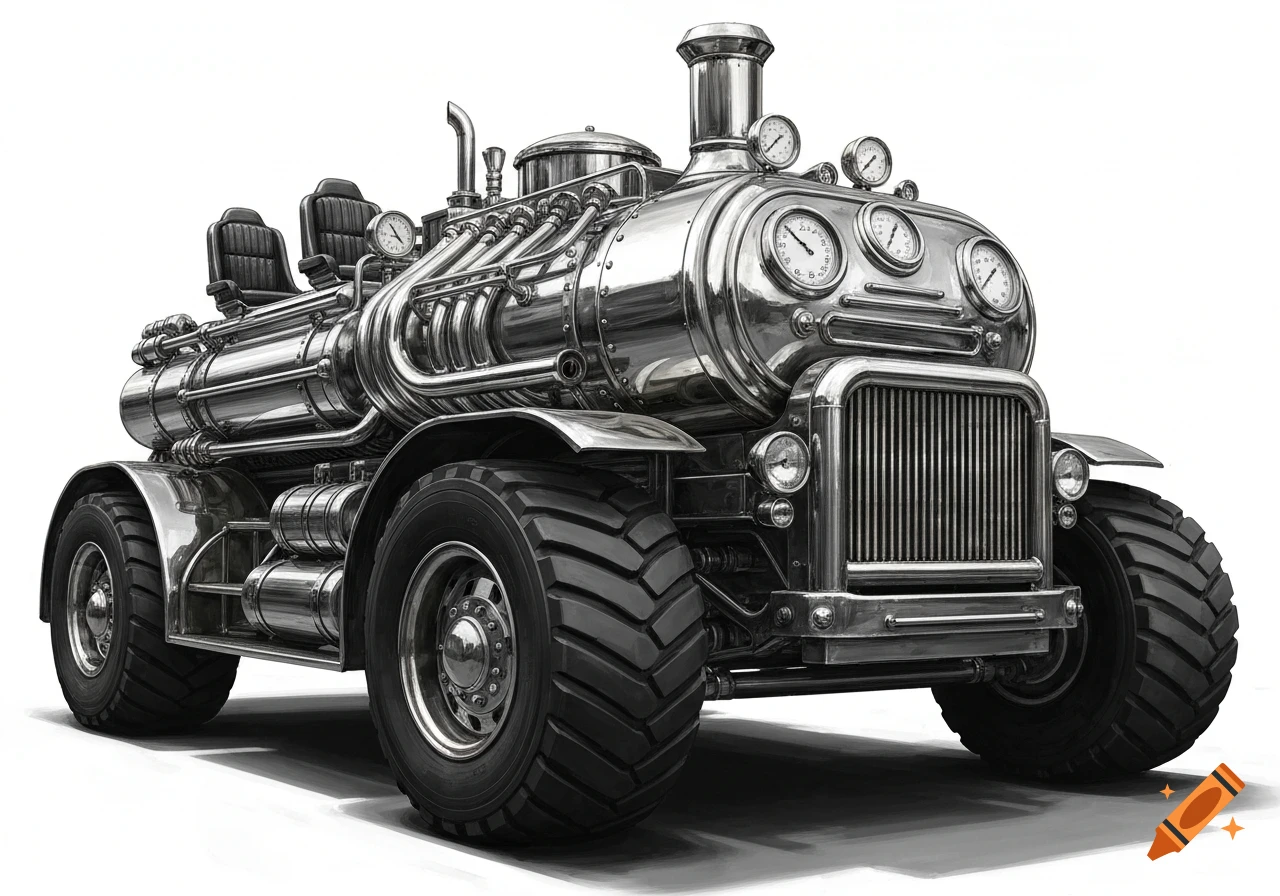 A stylized, detailed black and white illustration of a steampunk-style steam car with a large chrome tank, pipes, gauges, and truck tires, against a white background.