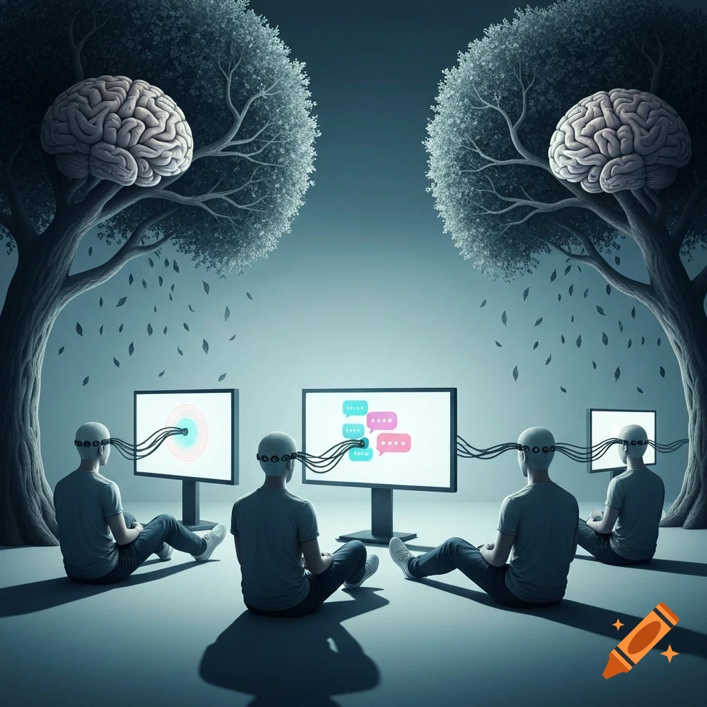 Four figures with cabled heads connected to screens showing chat bubbles, beneath brain-like trees, in symbolic digital art.
