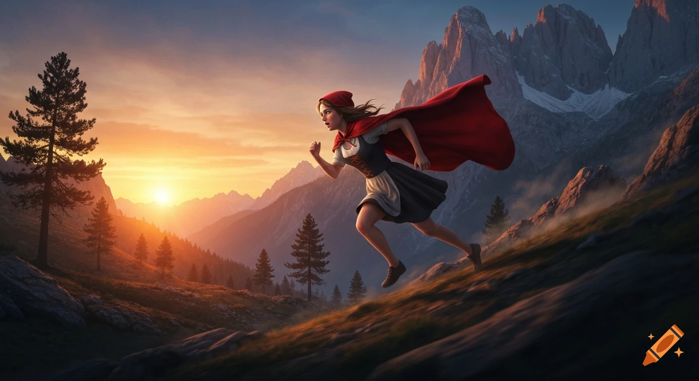 A young woman in a red hooded cloak and dress runs uphill through a rocky, forested mountain landscape at sunset.