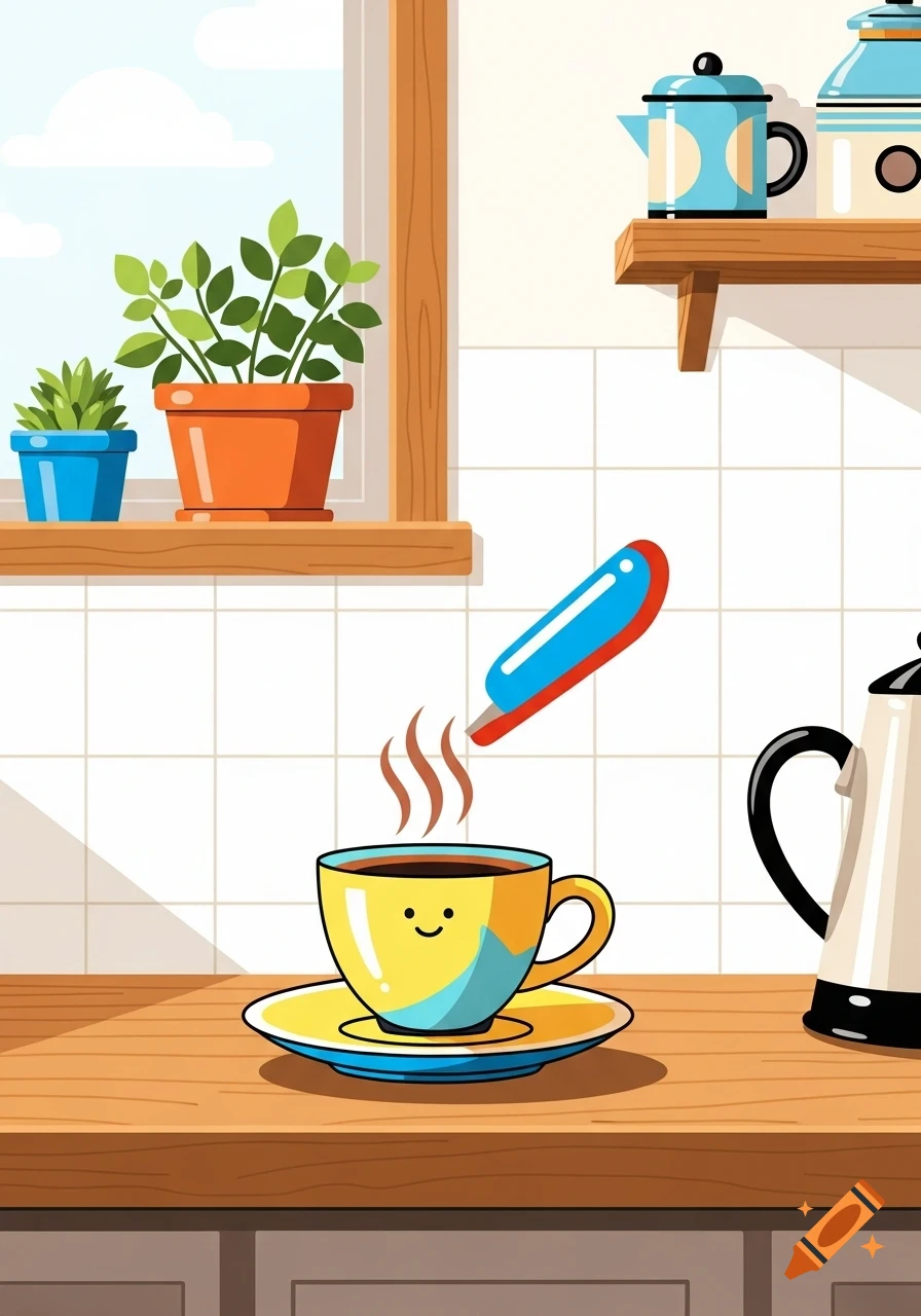 A playful, flat illustration of a steaming coffee cup with a smiley face on a kitchen counter, with potted plants by a window.