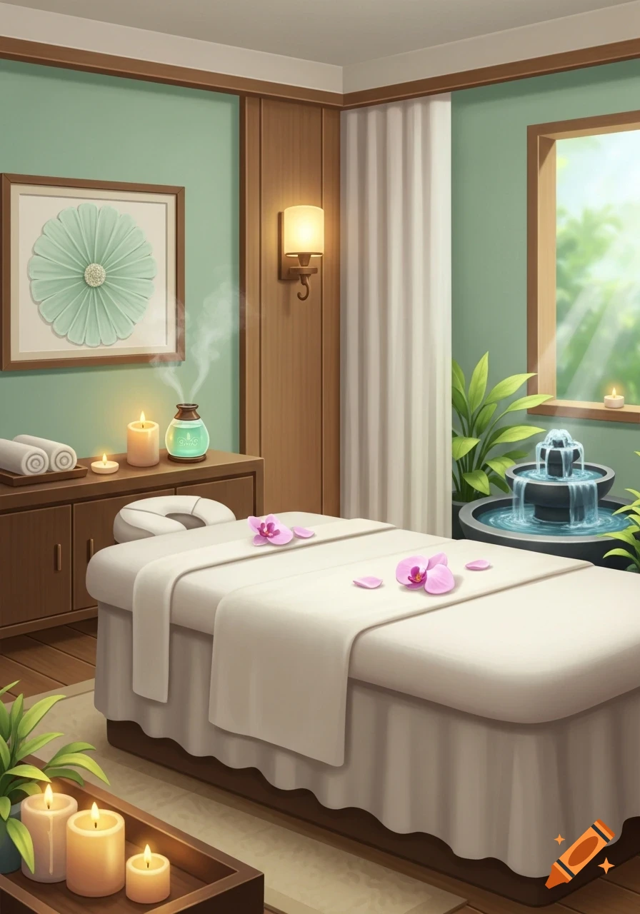 A serene spa room with a massage table, candles, an essential oil diffuser, a small indoor fountain, and pink orchids.