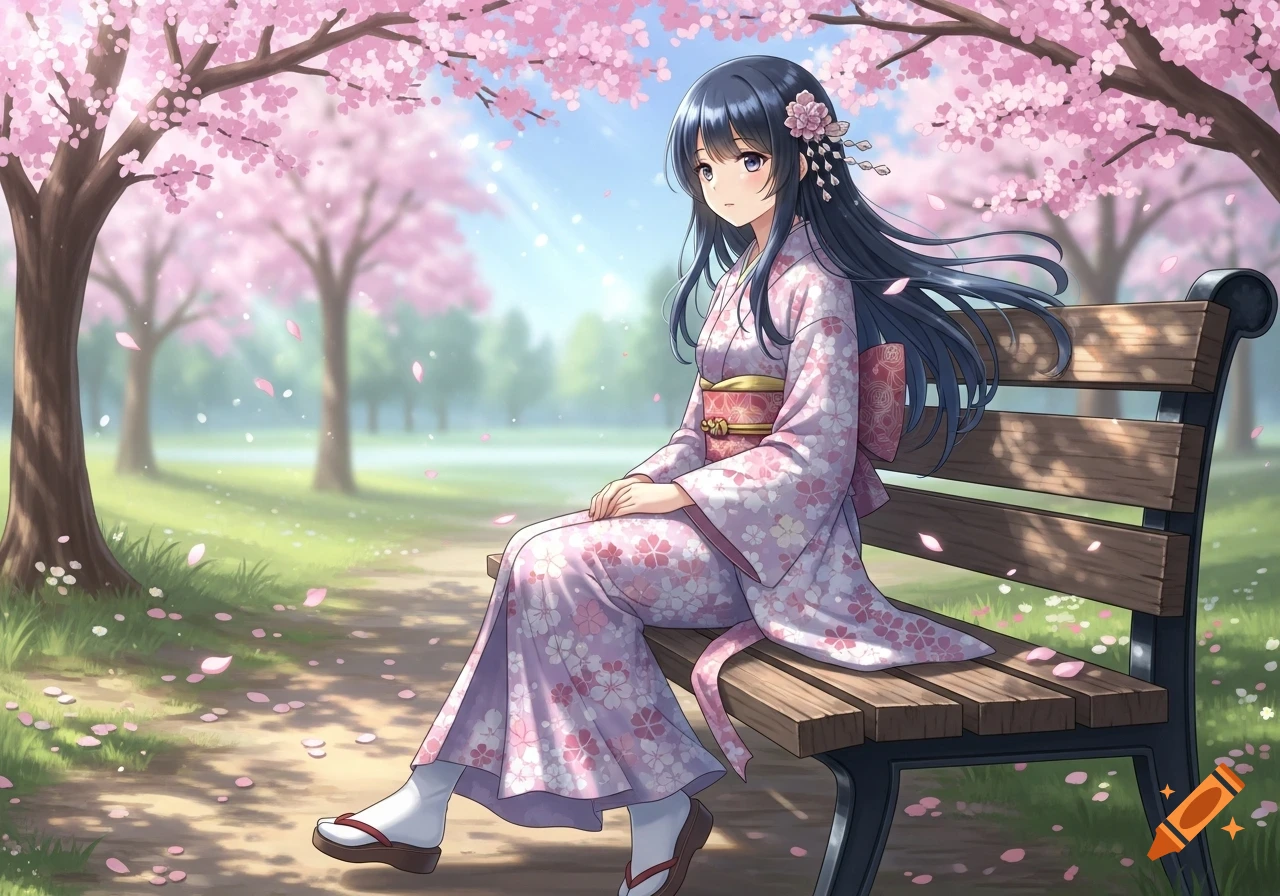 Anime girl in a pink kimono sits on a wooden bench under blooming cherry blossom trees in a park.